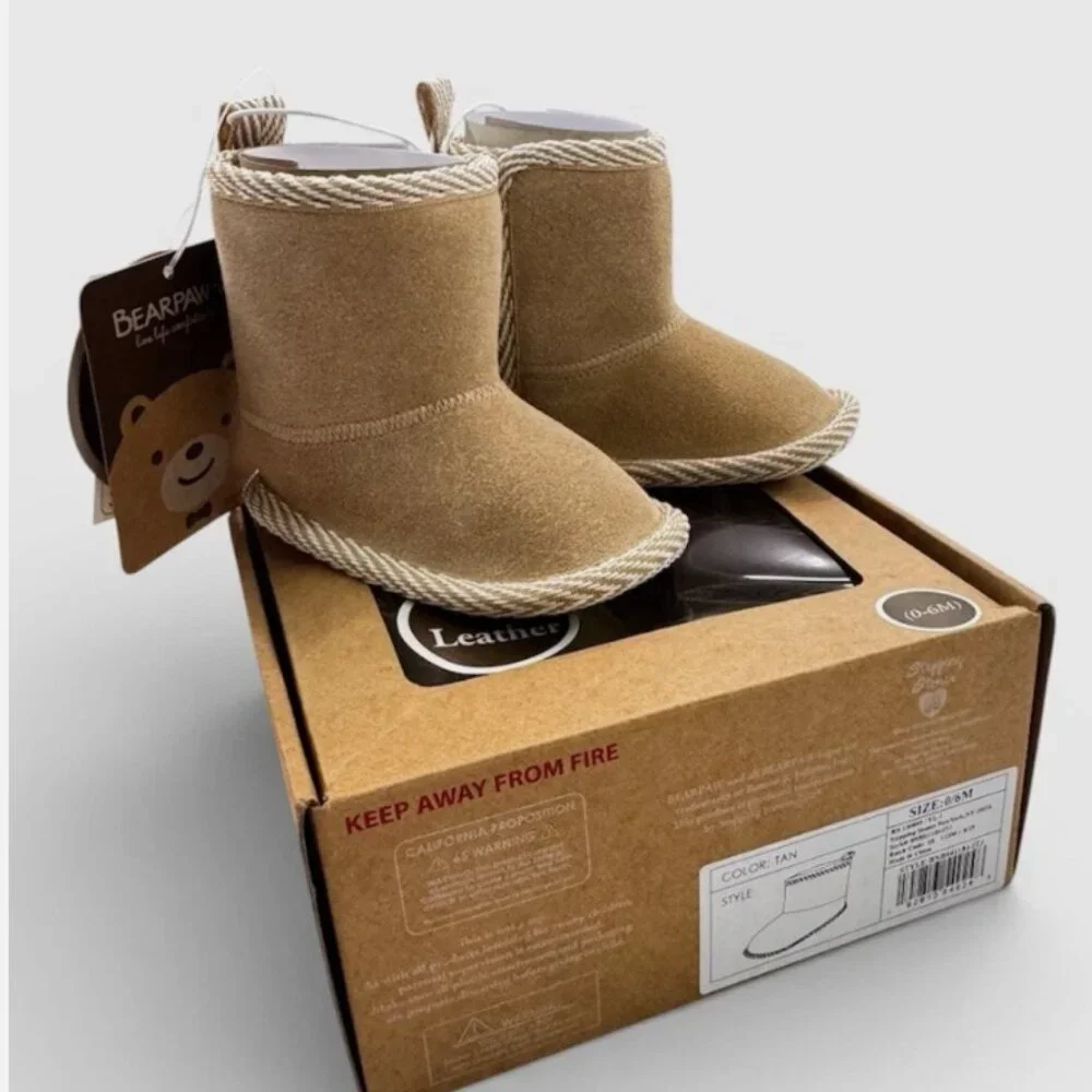 NWT Bearpaw Infant Booties Real Leather Shearling Tan Unisex 0–6M